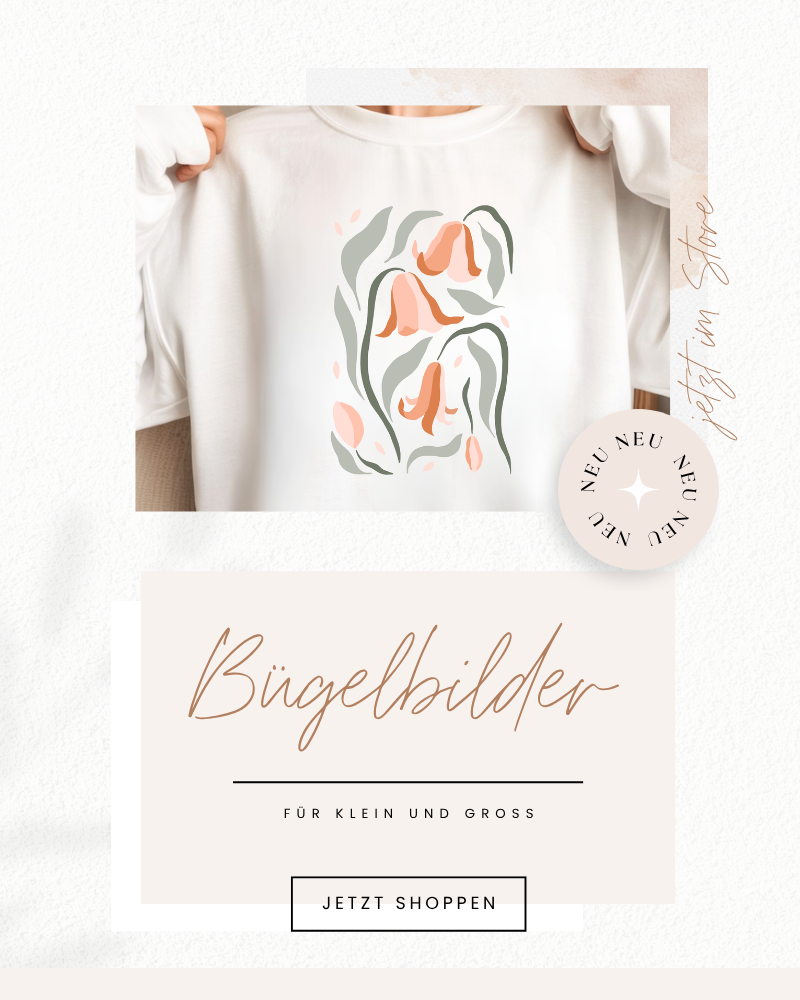 Florales Bügelbild mit Tulpen in Rosa und Graugrün auf weißem Pullover