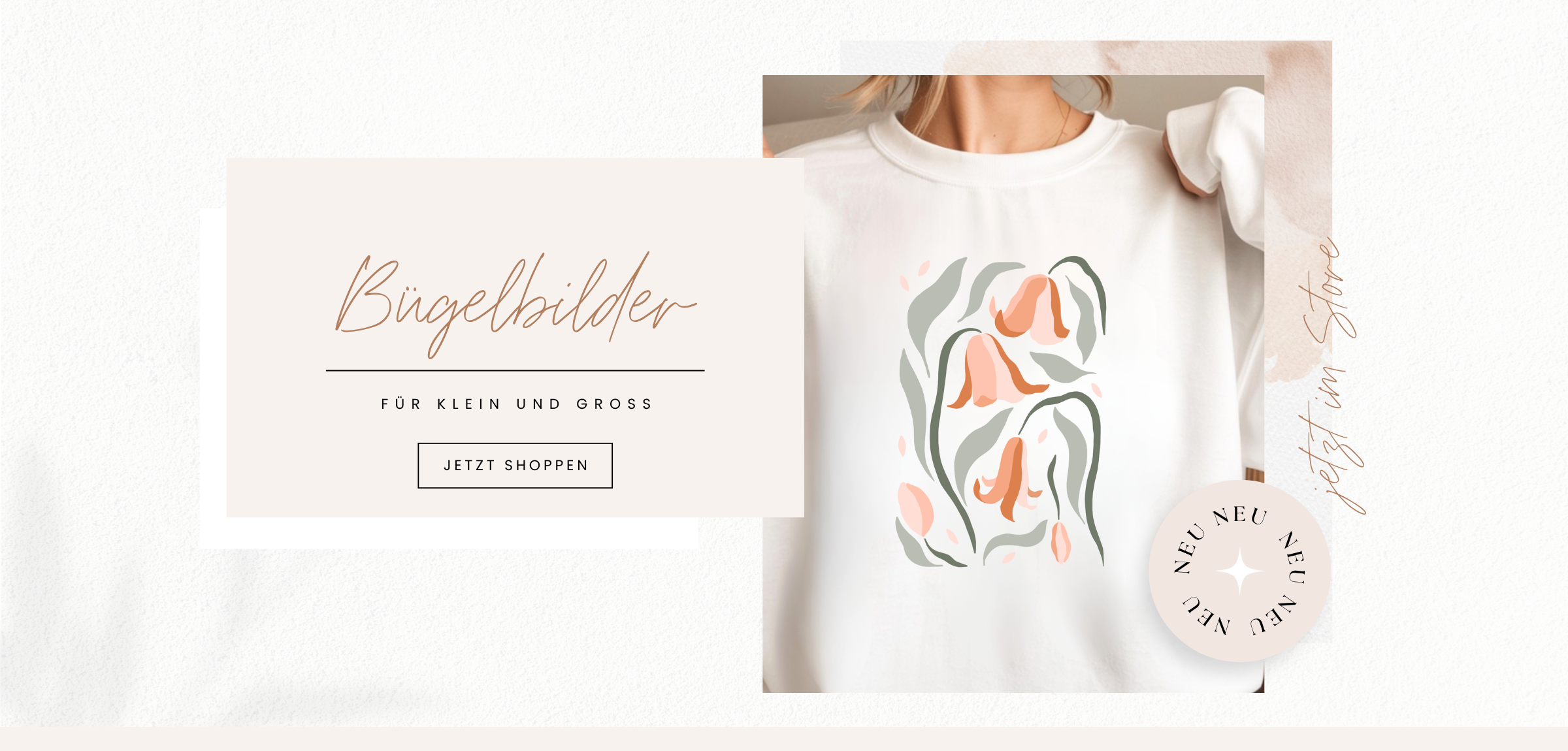 Florales Bügelbild mit Tulpen in Rosa und Graugrün auf weißem Pullover