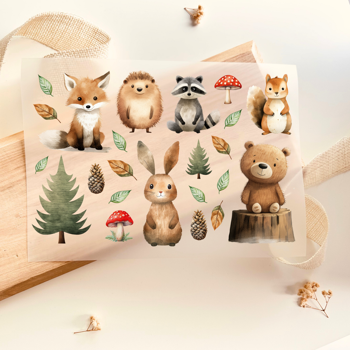 Bügelbild-Set mit Waldtieren wie Fuchs, Igel, Waschbär, Eichhörnchen, Hase und Bär im Aquarell-Stil zum Aufbügeln
