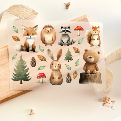 Bügelbild-Set mit Waldtieren wie Fuchs, Igel, Waschbär, Eichhörnchen, Hase und Bär im Aquarell-Stil zum Aufbügeln