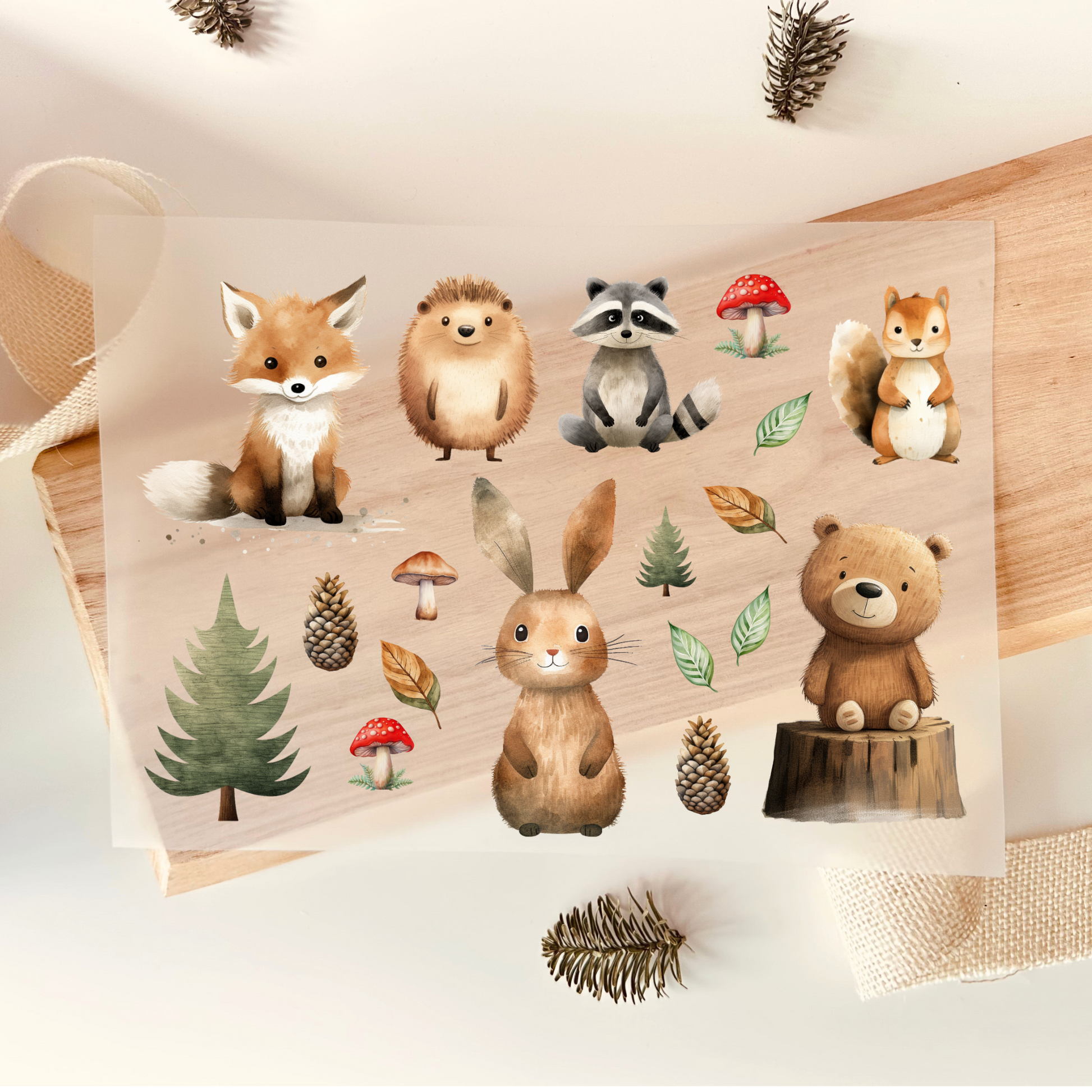 Bügelbild-Set mit Waldtieren wie Fuchs, Igel, Waschbär, Eichhörnchen, Hase und Bär im Aquarell-Stil zum Aufbügeln