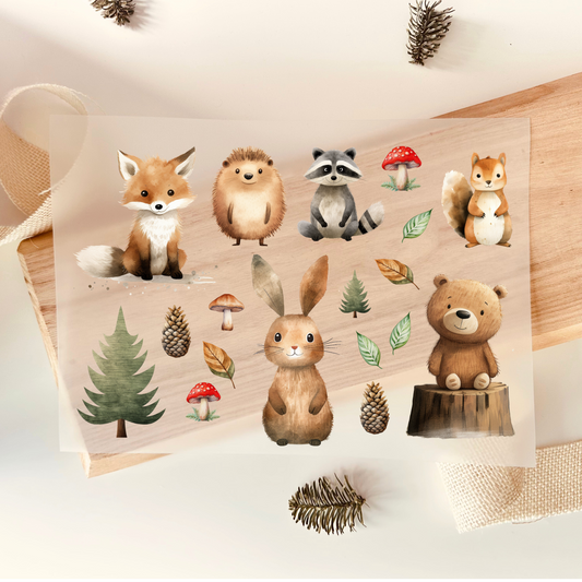 Bügelbild-Set mit Waldtieren wie Fuchs, Igel, Waschbär, Eichhörnchen, Hase und Bär im Aquarell-Stil zum Aufbügeln