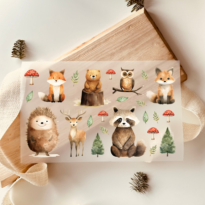 Bügelbild-Set mit Waldtieren wie Waschbär, Fuchs, Igel, Reh und Eule im Aquarell-Stil mit Herbstmotiven für Kinderkleidung