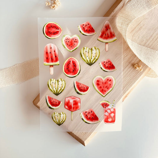 Bügelbild-Set mit Wassermelonen-Motiven in Herz- und Eisform im Aquarell-Stil zum Aufbügeln