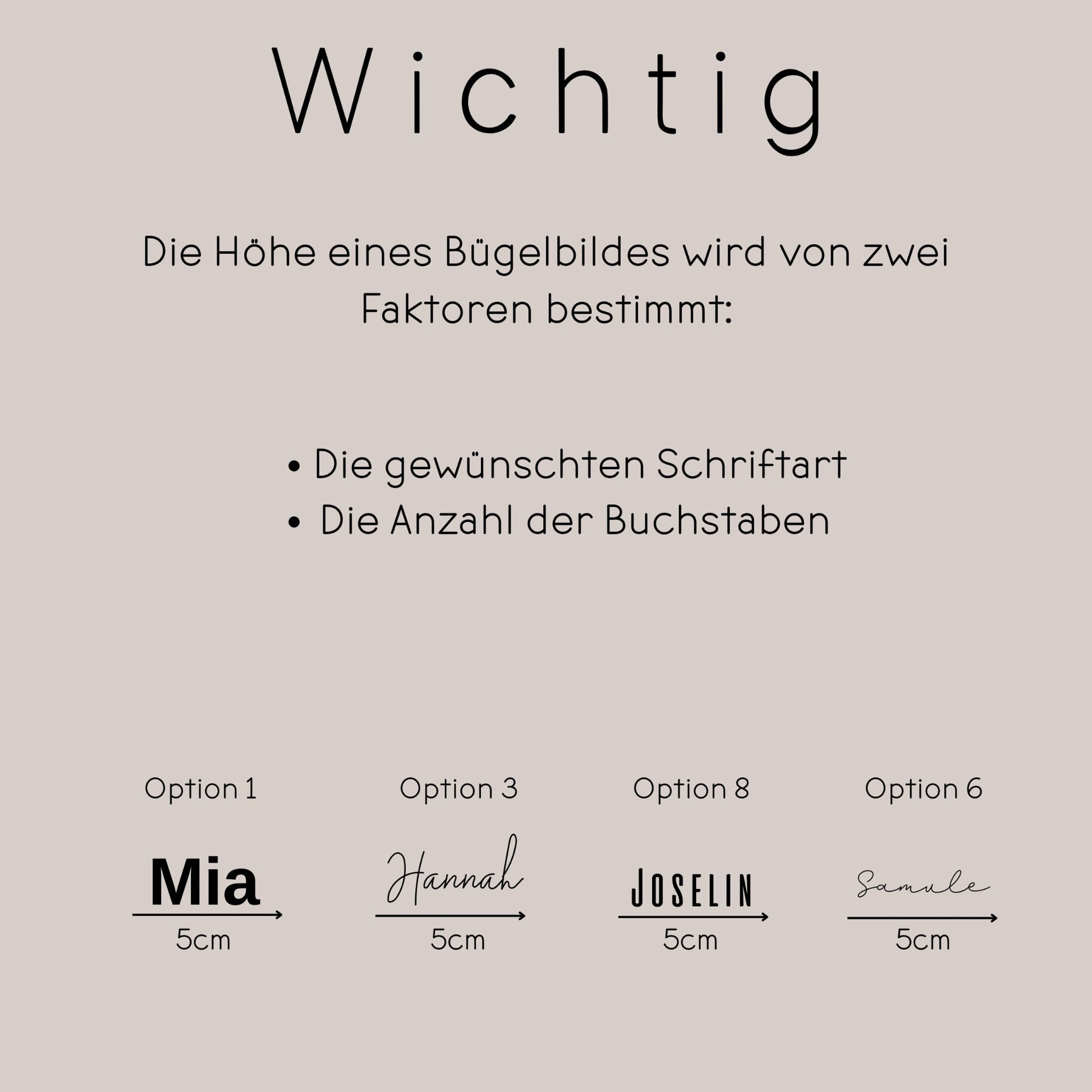 Infografik zu den Größenoptionen eines personalisierten Bügelbilds mit Wunschtext