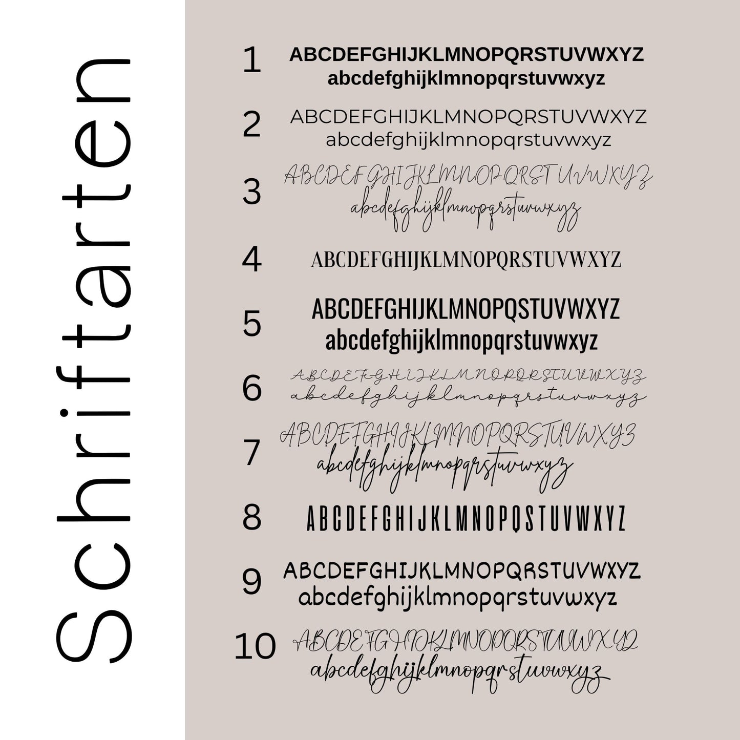 Detailansicht der verschiedenen Schriftarten für ein personalisiertes Bügelbild mit Wunschtext