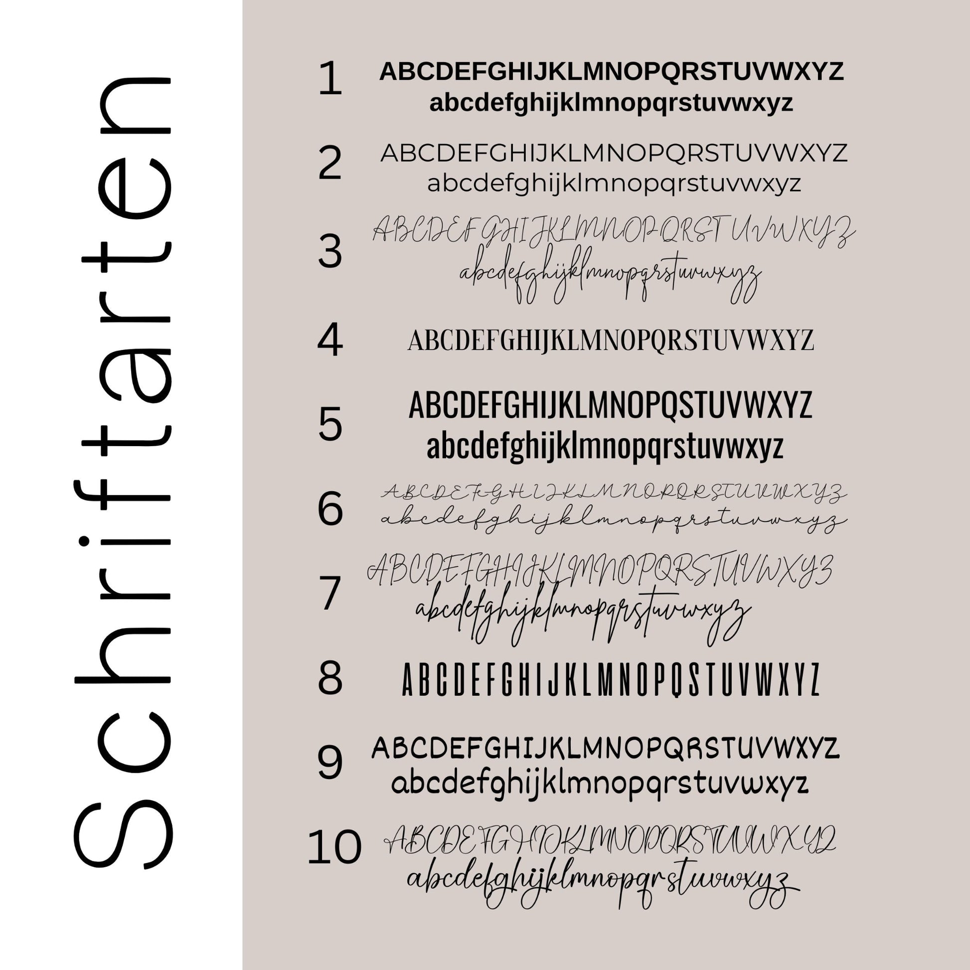 Detailansicht der verschiedenen Schriftarten für ein personalisiertes Bügelbild mit Wunschtext