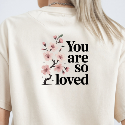Bügelbild You Are So Loved Kirschblüten Rosa Schwarz Rückenprint