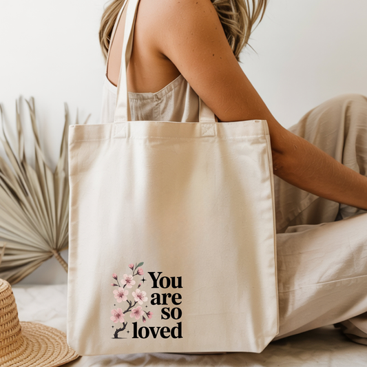 Bügelbild You Are So Loved Kirschblüten Rosa Schwarz Schriftzug