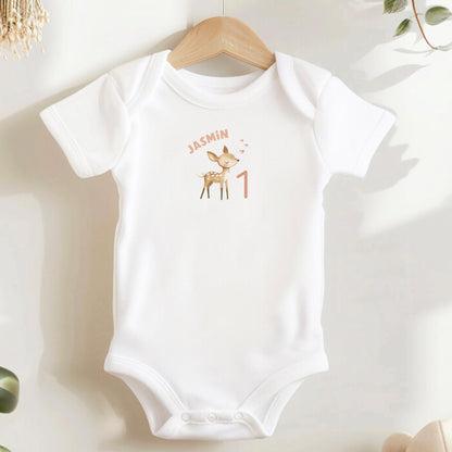 Bügelbild Zahl 1 Reh Aquarell Rosa Beige Personalisiert mit Name Baby Geburtstag