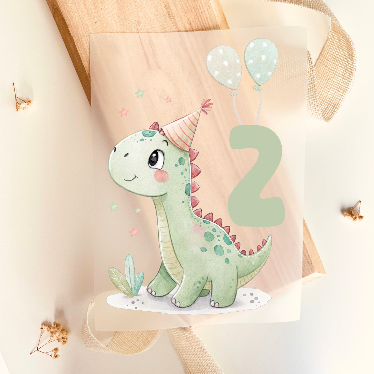Bügelbild Zahl 2 Dinosaurier Geburtstag Aquarell Grün Mint Kinder