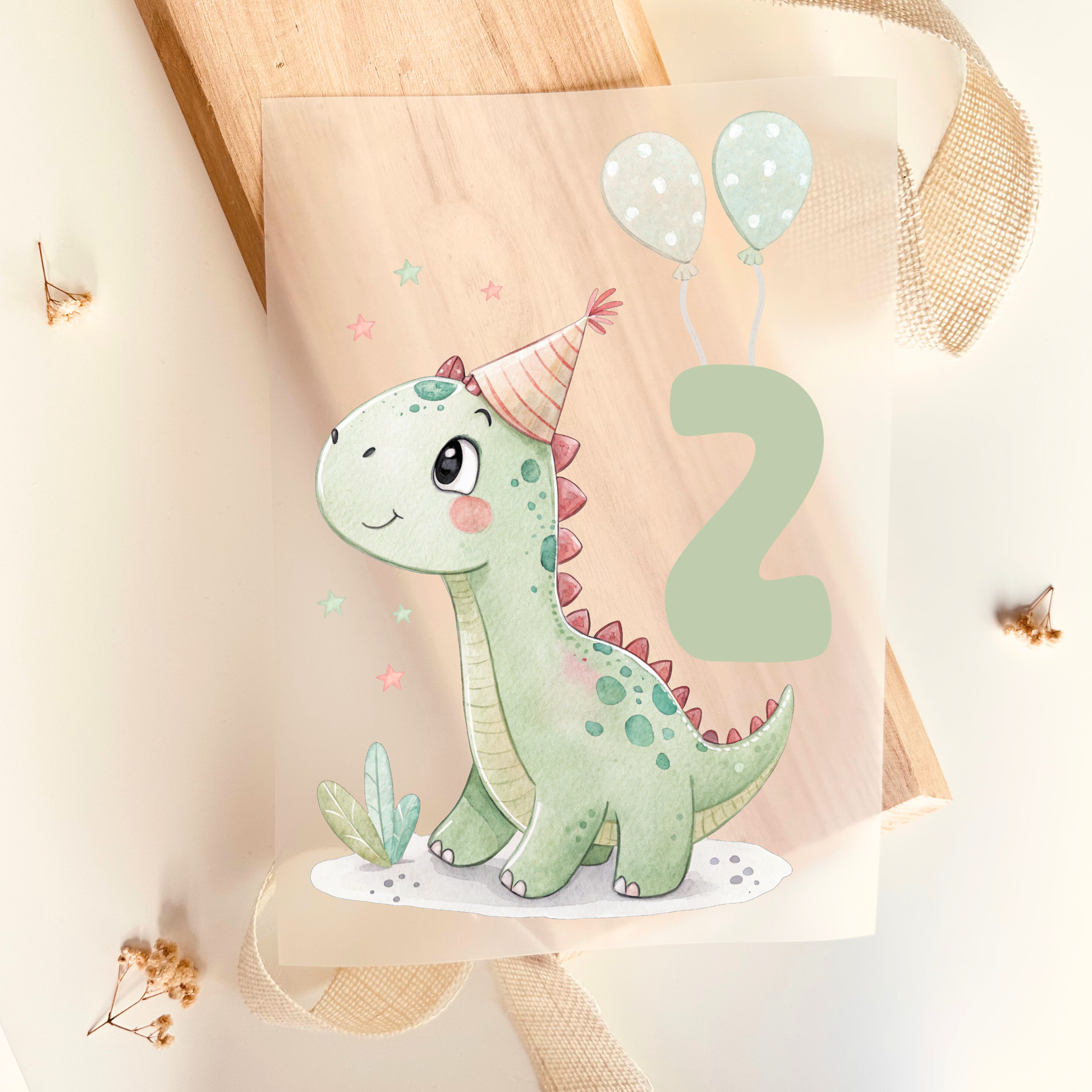 Bügelbild Zahl 2 Dinosaurier Geburtstag Aquarell Grün Mint Kinder