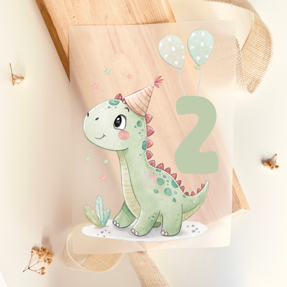 Bügelbild Zahl 2 Dinosaurier Geburtstag Aquarell Grün Mint Kinder