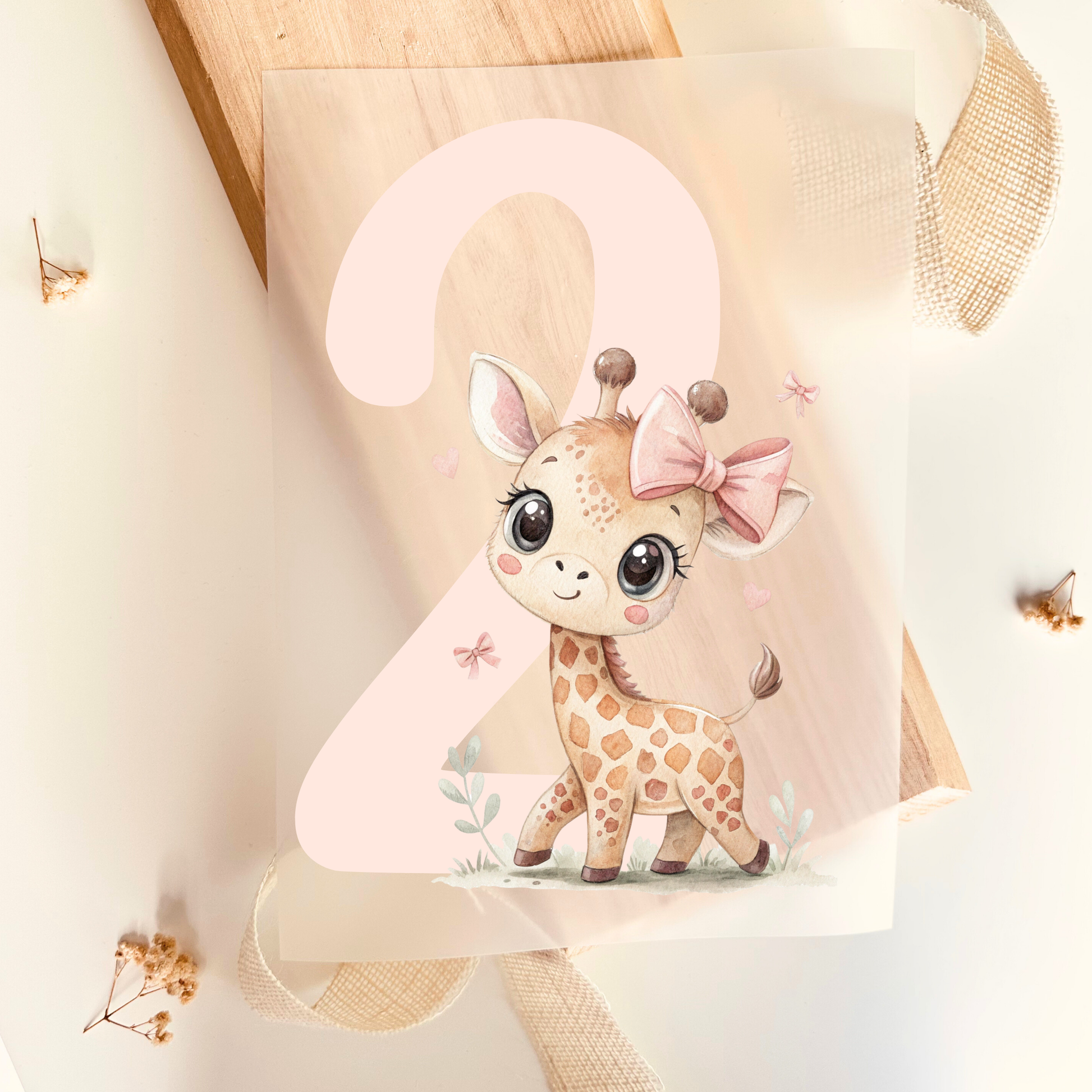 Bügelbild Zahl 2 süße Giraffe Aquarell Rosa Schleife Kinder Geburtstag