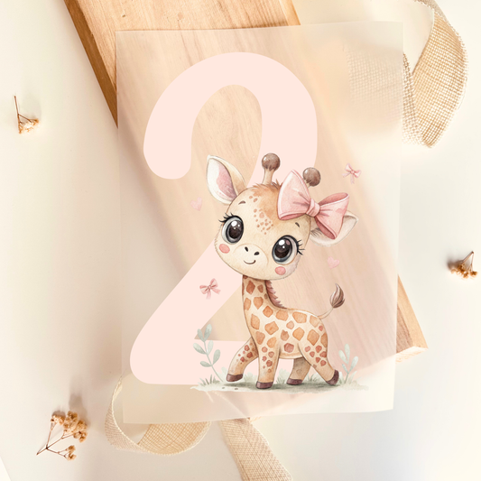 Bügelbild Zahl 2 süße Giraffe Aquarell Rosa Schleife Kinder Geburtstag