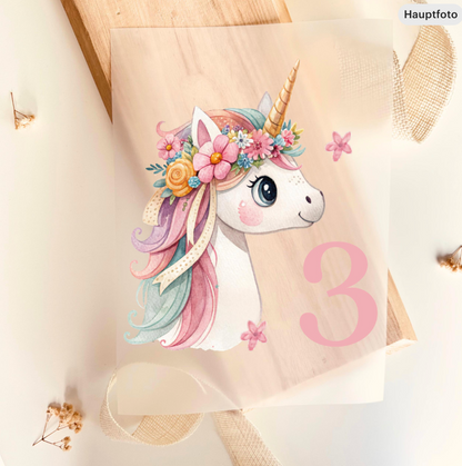 Bügelbild Zahl 3 Einhorn Aquarell Rosa Pastell Kinder Geburtstag