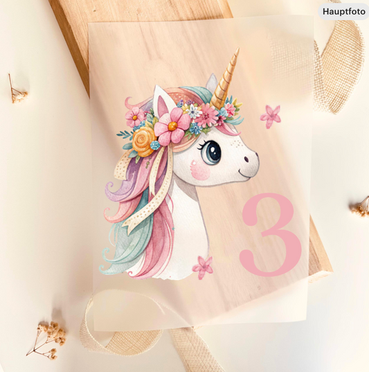 Bügelbild Zahl 3 Einhorn Aquarell Rosa Pastell Kinder Geburtstag