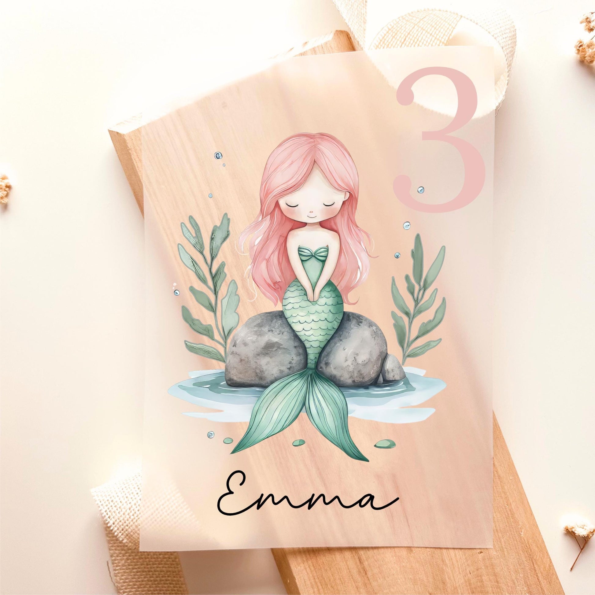 Bügelbild Zahl 3 Meerjungfrau Aquarell Rosa Grün Personalisiert mit Name Mädchen Geburtstag
