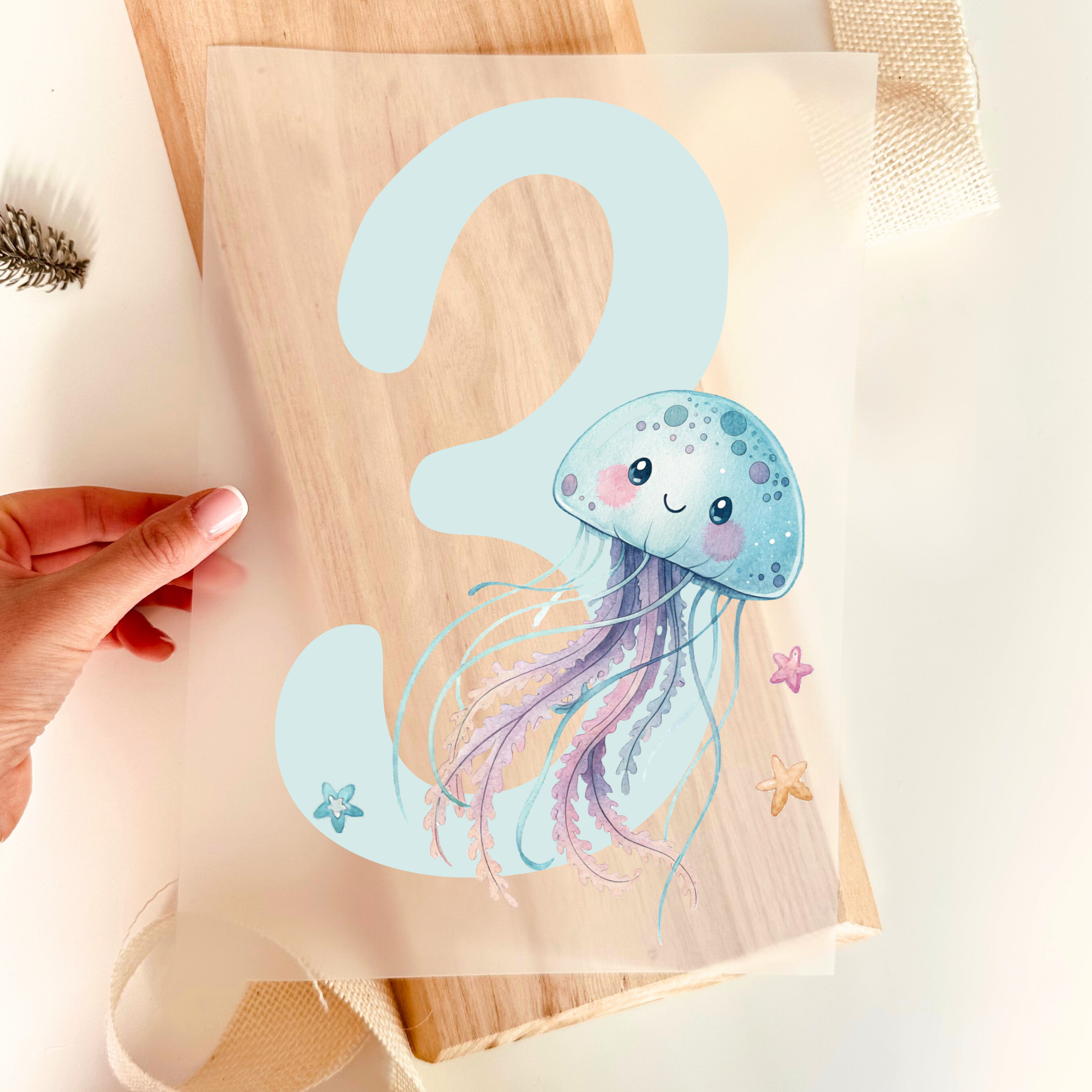 Bügelbild Zahl 3 Qualle Aquarell Mint Türkis Kinder Geburtstag