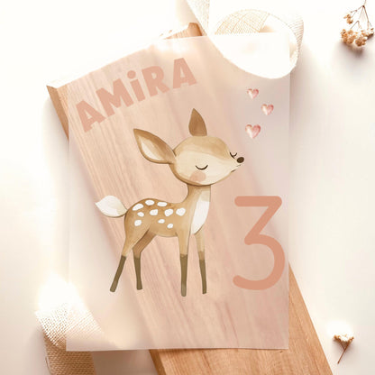 Bügelbild Zahl 3 Reh Aquarell Rosa Beige Personalisiert mit Name Mädchen Geburtstag