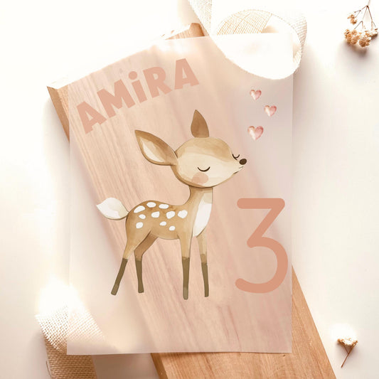 Bügelbild Zahl 3 Reh Aquarell Rosa Beige Personalisiert mit Name Mädchen Geburtstag