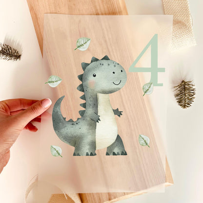 Bügelbild Zahl 4 Dinosaurier Aquarell Grün Mint Jungen Geburtstag