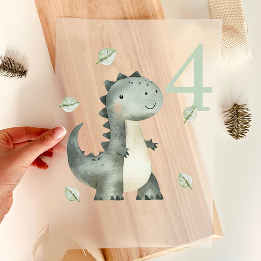 Bügelbild Zahl 4 Dinosaurier Aquarell Grün Mint Jungen Geburtstag