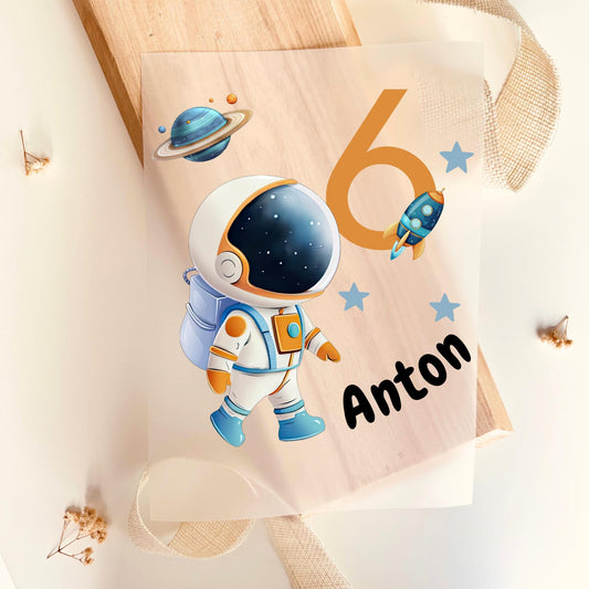 Bügelbild Zahl 6 Astronaut Weltraum Aquarell Orange Blau Personalisiert mit Name Jungen Geburtstag