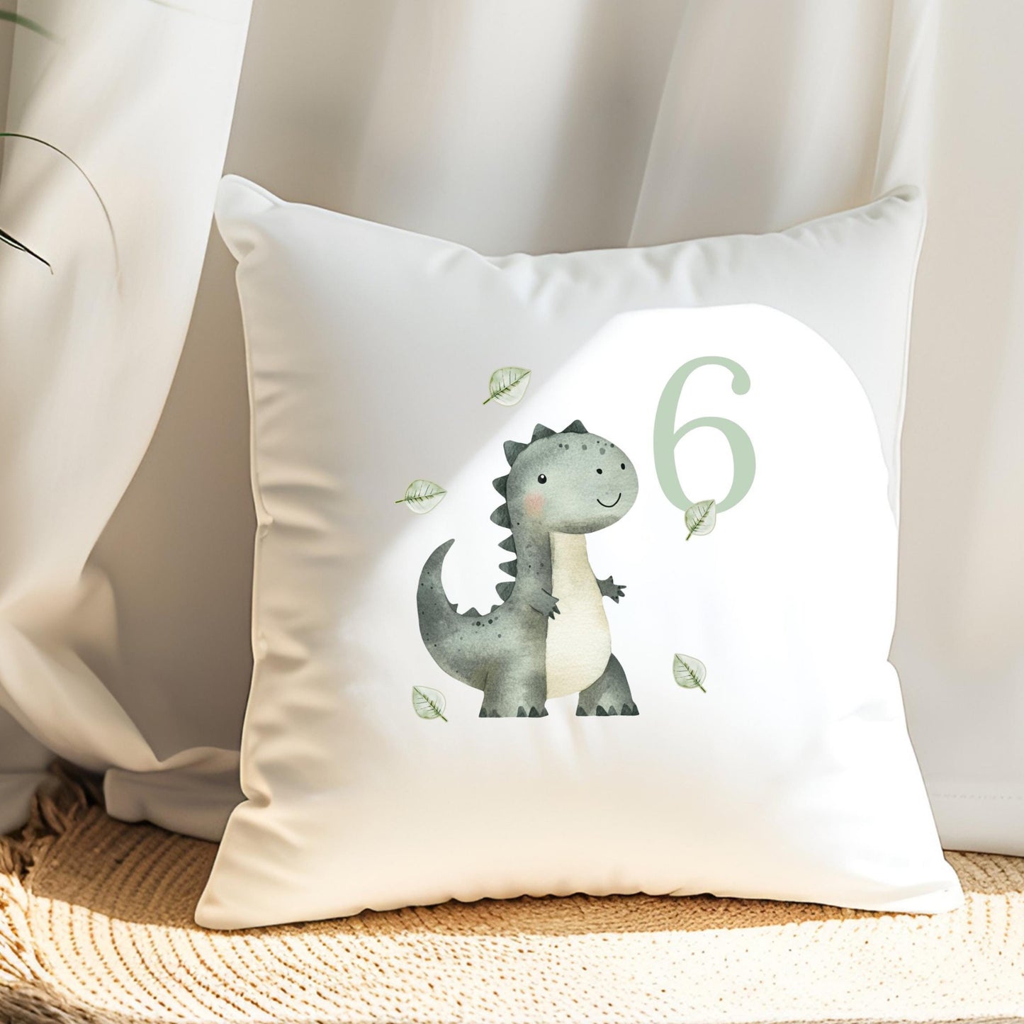 Bügelbild Zahl 6 Dinosaurier Aquarell Grün Mint Kissen Geburtstag