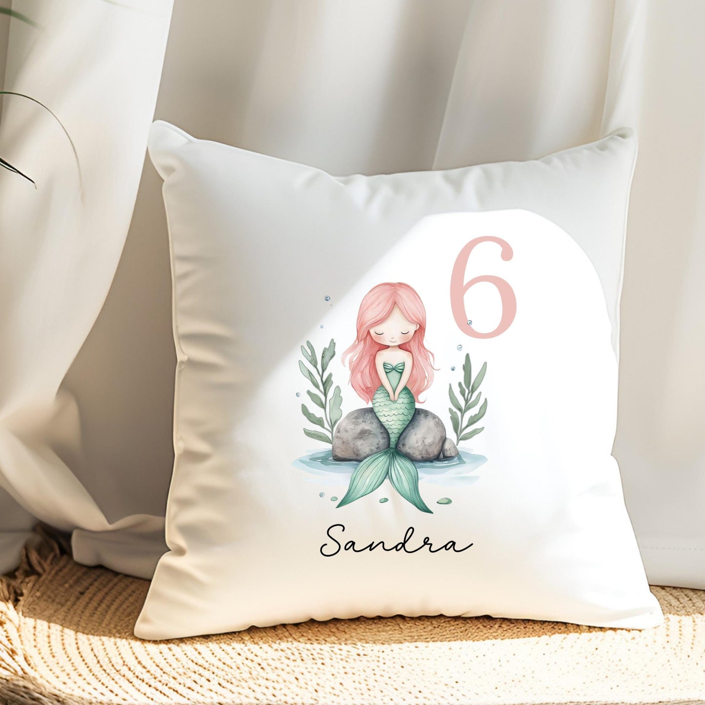 Bügelbild Zahl 6 Meerjungfrau Aquarell Rosa Grün Personalisiert mit Name Kissen Geburtstag