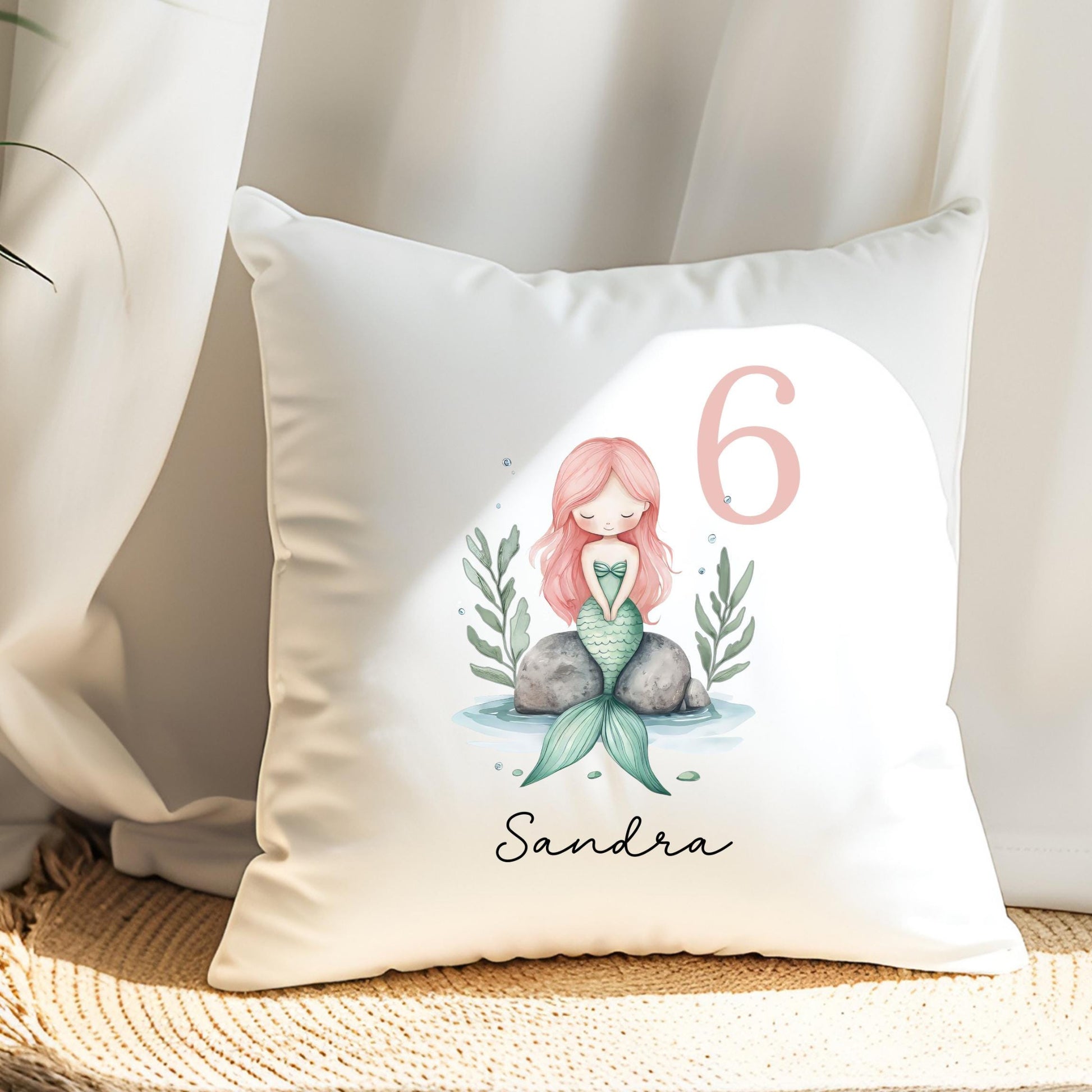 Bügelbild Zahl 6 Meerjungfrau Aquarell Rosa Grün Personalisiert mit Name Kissen Geburtstag
