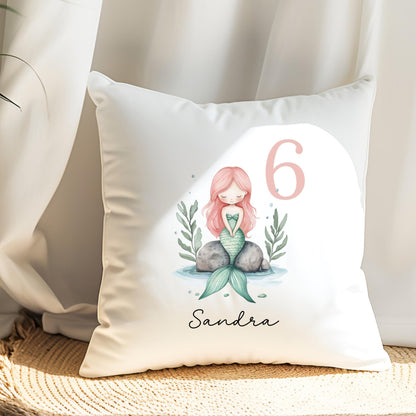 Bügelbild Zahl 6 Meerjungfrau Aquarell Rosa Grün Personalisiert mit Name Kissen Geburtstag
