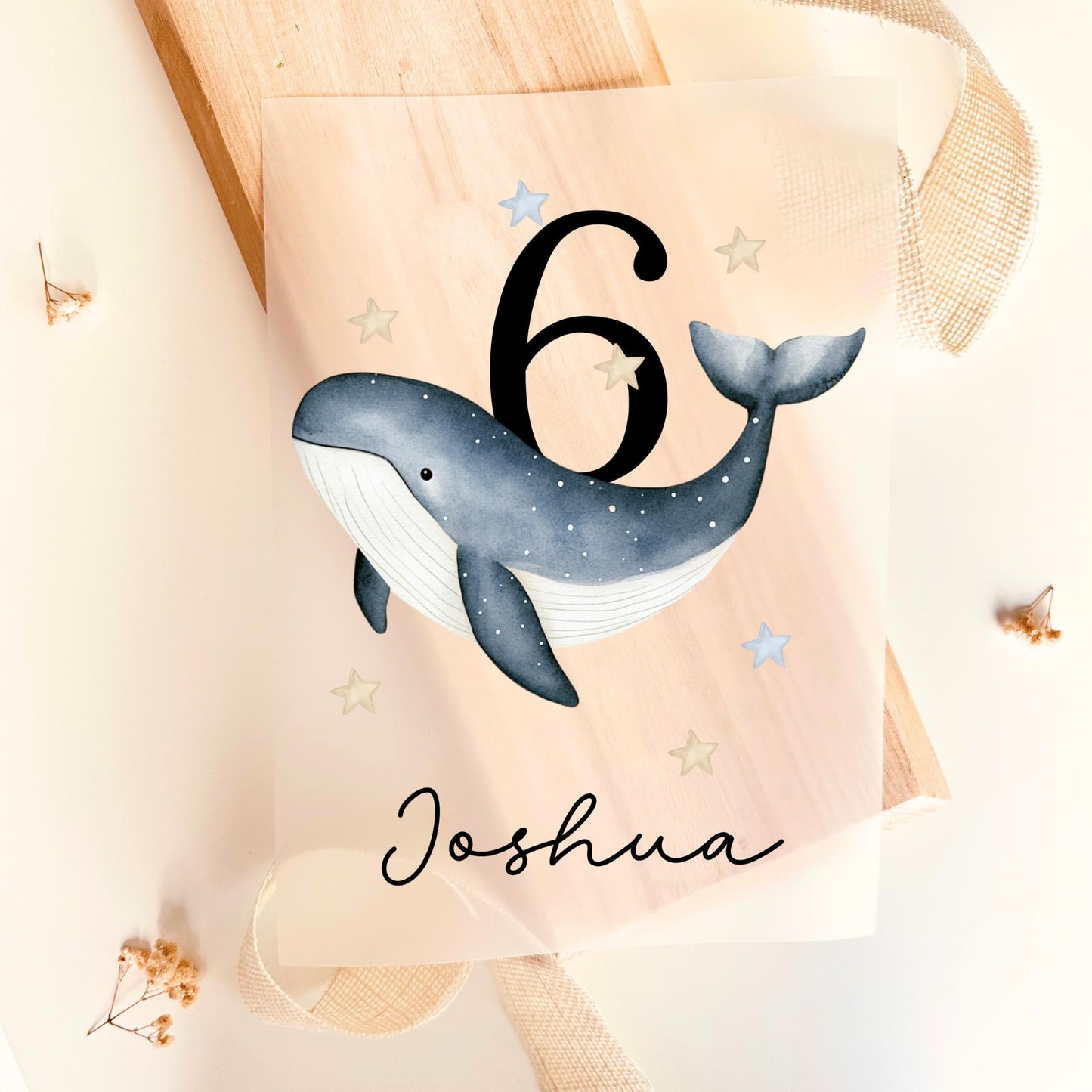 Bügelbild Zahl 6 Wal Aquarell Blau Personalisiert mit Name Jungen Geburtstag