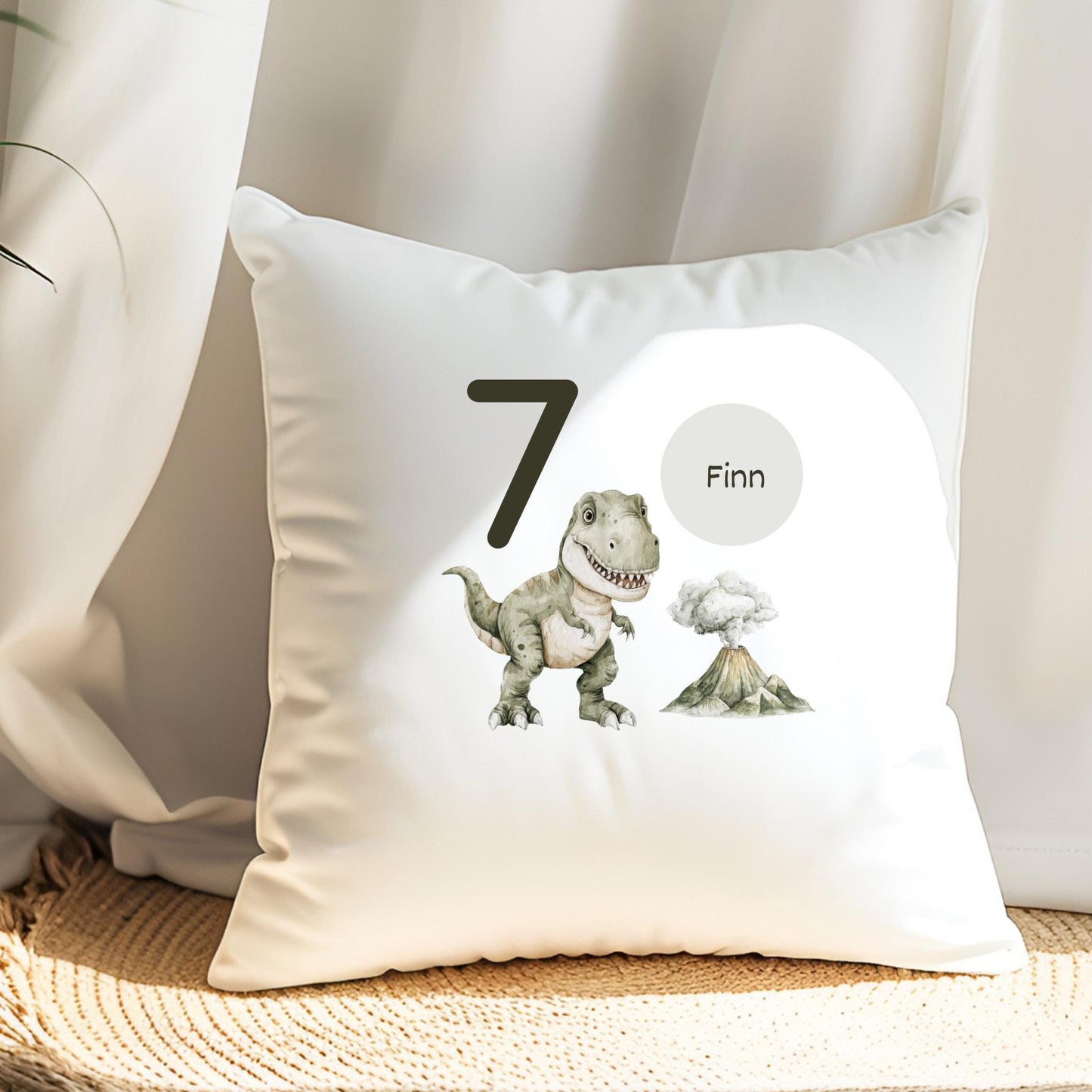 Bügelbild Zahl 7 Dinosaurier Aquarell Grün Personalisiert mit Name Kissen Geburtstag