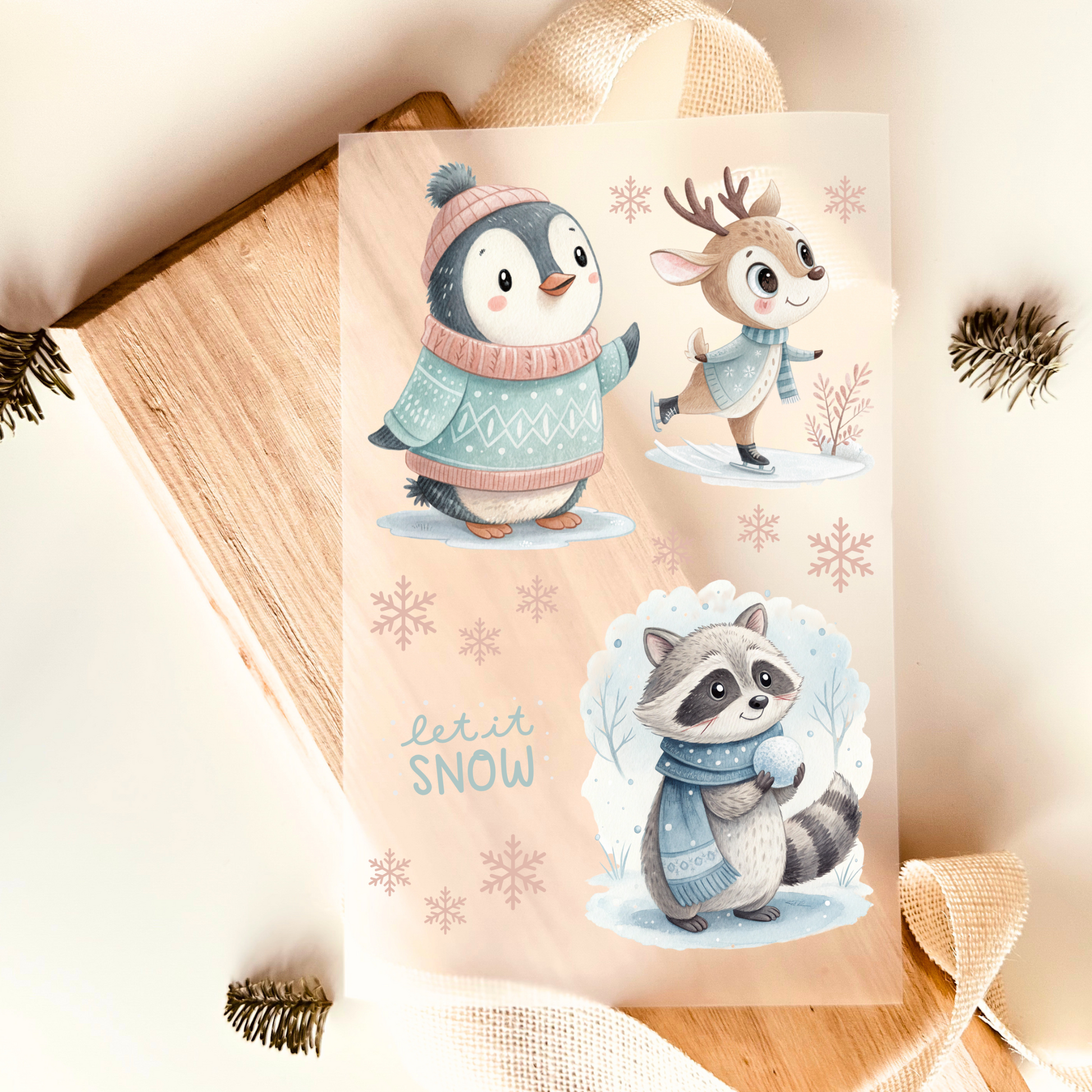 Winter Bügelbild Set für Kinder – Pinguin, Rentier & Waschbär Motive