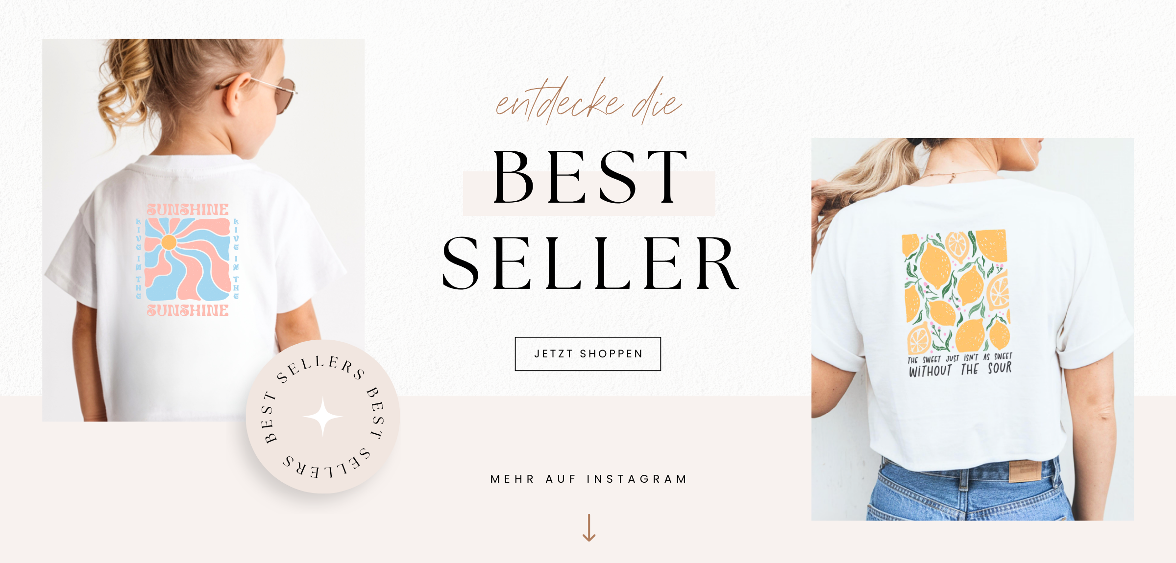 Bestseller Bügelbilder – Sunshine Retro Bügelbild auf Kinder-T-Shirt und Zitronen Bügelbild mit Spruch auf Damen-T-Shirt