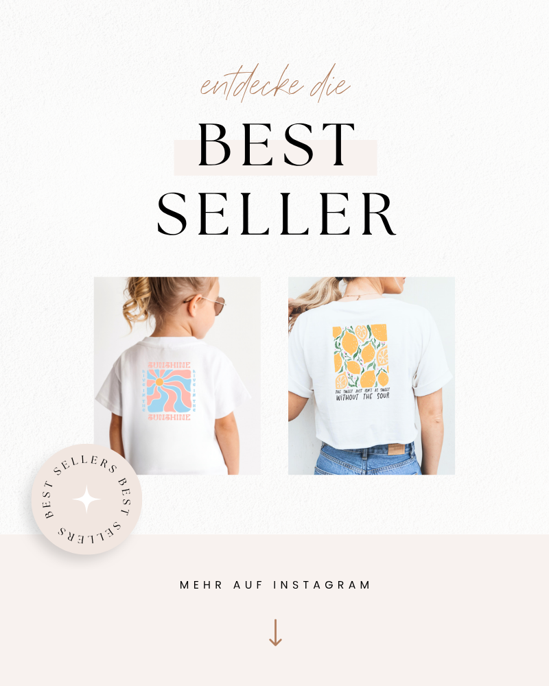 Bestseller Bügelbilder – Sunshine Retro Bügelbild auf Kinder-T-Shirt und Zitronen Bügelbild mit Spruch auf Damen-T-Shirt
