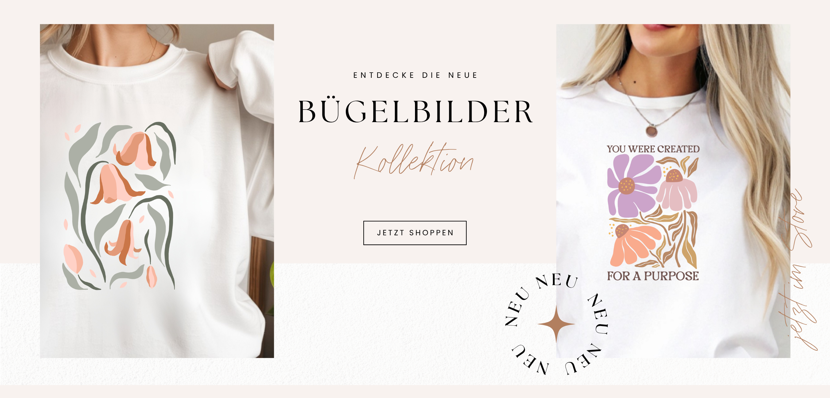 Neue Bügelbilder Kollektion – Florales Tulpen-Motiv und You Were Created For A Purpose Bügelbild auf weißen Pullovern