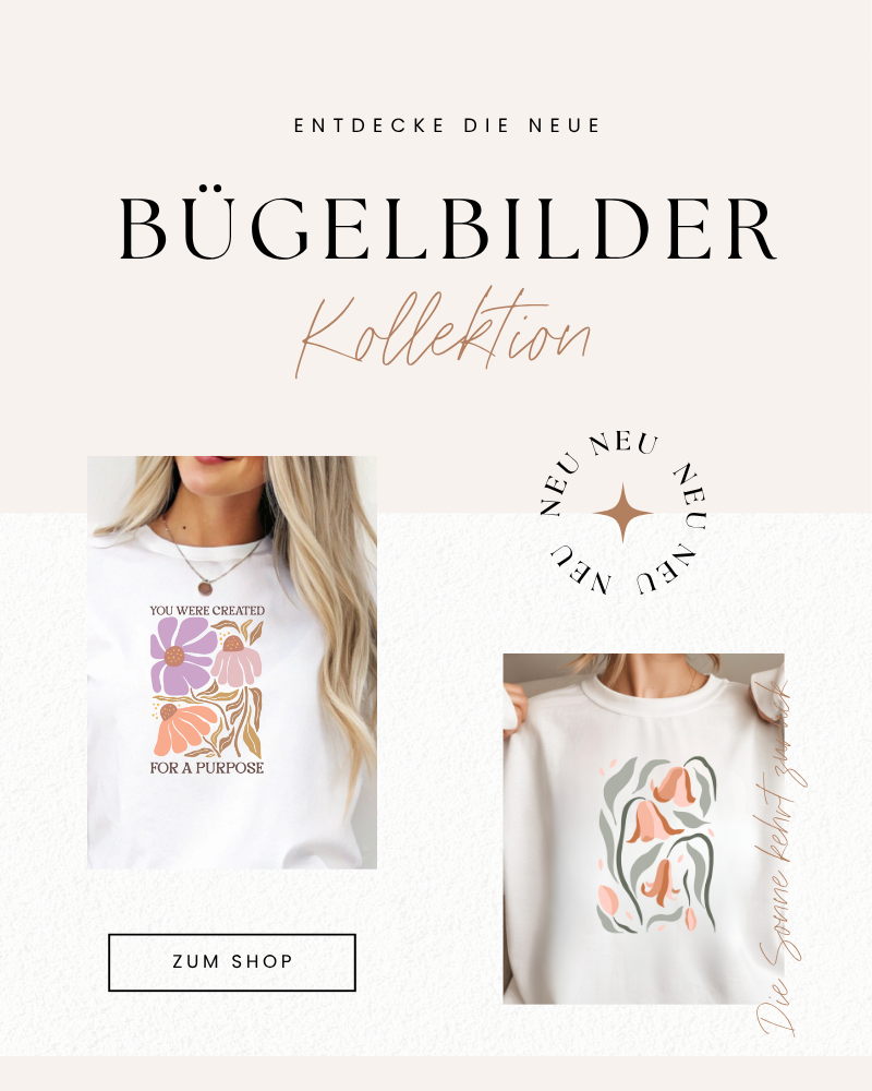Neue Bügelbilder Kollektion – Florales Tulpen-Motiv und You Were Created For A Purpose Bügelbild auf weißen Pullovern