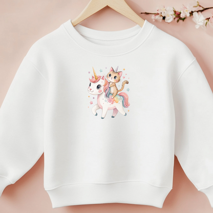 Einhorn Bügelbild auf weißem Kinderpullover – Detailansicht