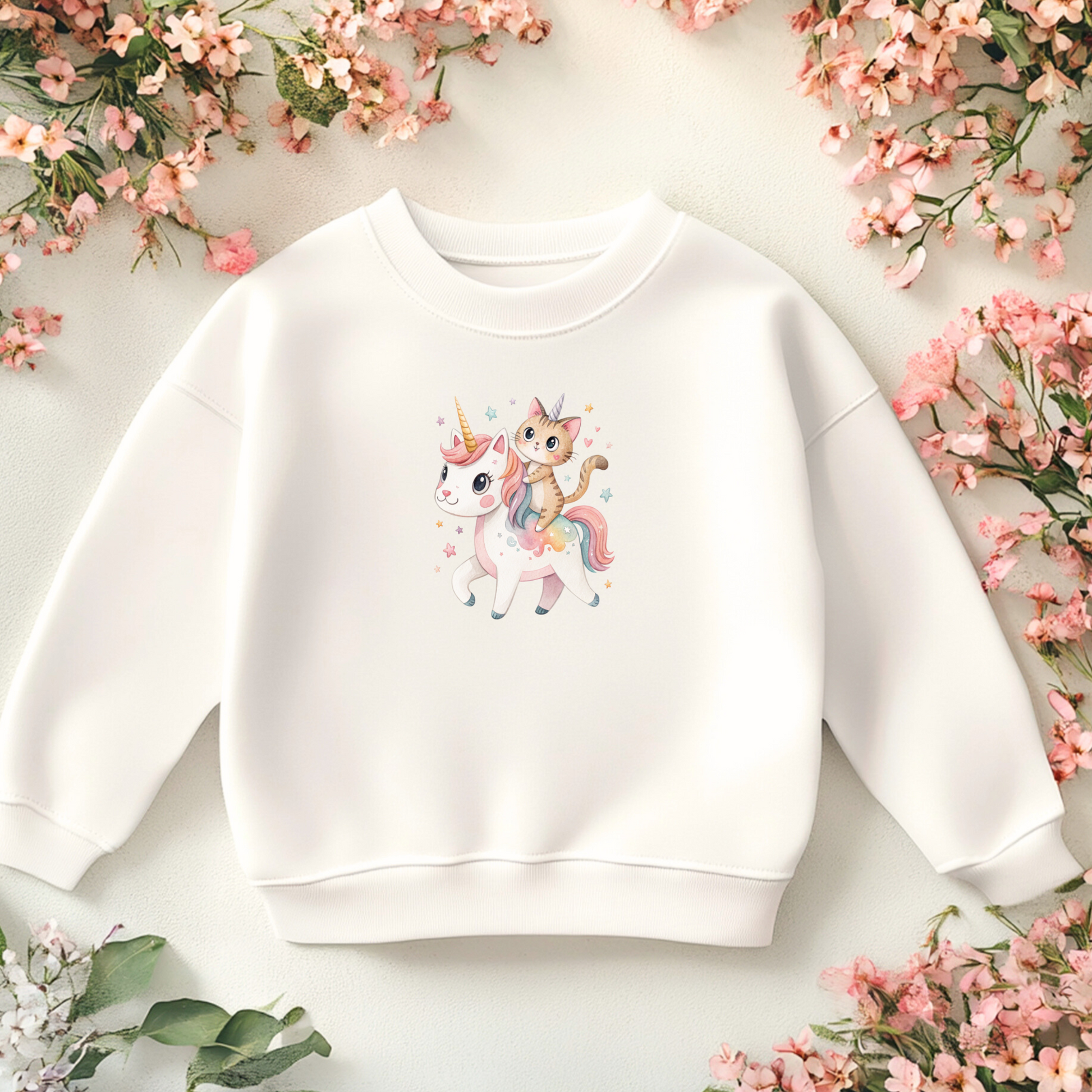 Kinderpullover mit Einhorn Katze Bügelbild – aufgebügeltes Motiv